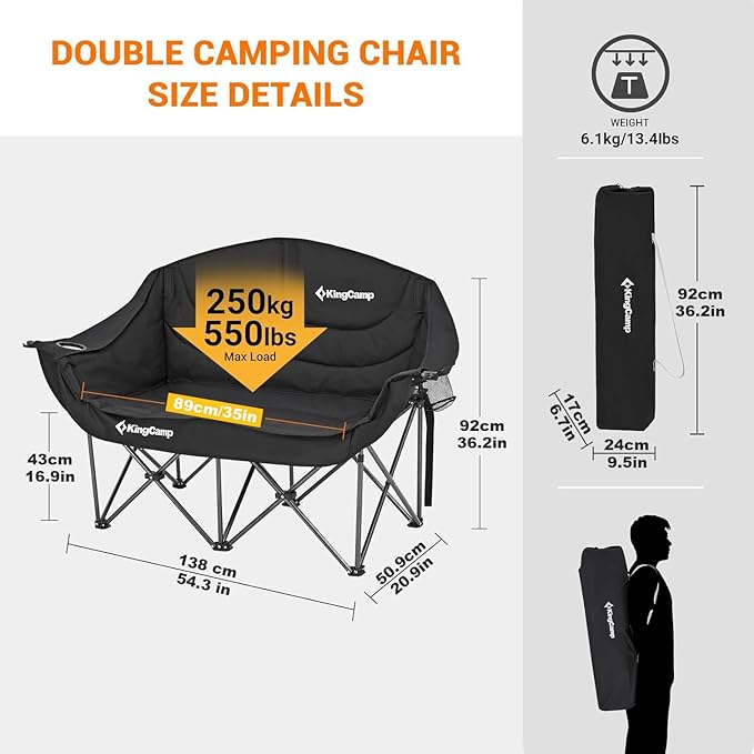 KingCamp Double Camping Chair, Oversized Heavy Duty 550lbs Loveseat for Adults Portable Folding XL 2 Person Couch Padded Comfortable Two Seat with Cup Holder for Outdoor Lawn Backyard, Black