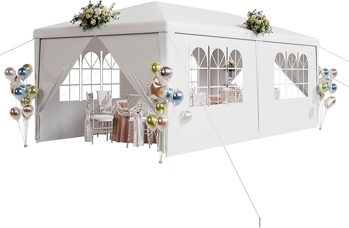 EROMMY Outdoor Party Tent 10x20 FT, Waterproof Canopy with 4 Removable Sidewalls and 2 Zipper Doors for Weddings, Events, Backyard Parties, White
