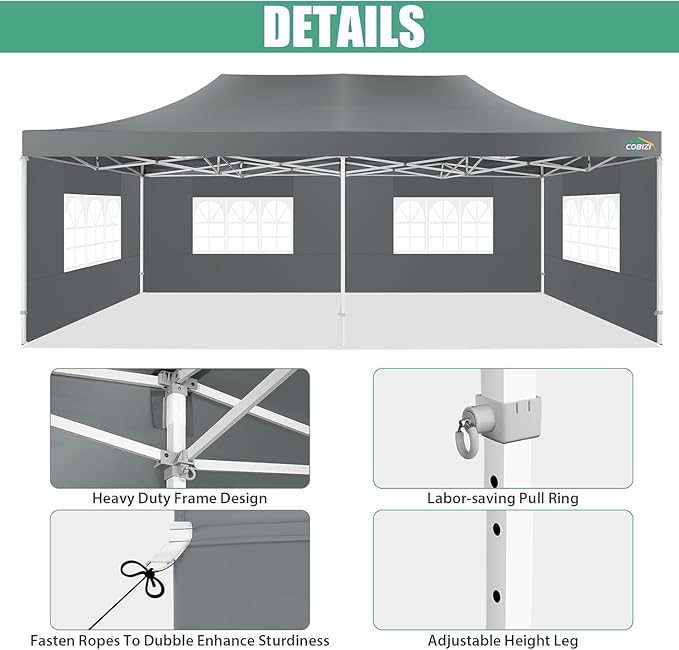 COBIZI 13x26 Pop Up Canopy Heavy Duty Canopy with Removable Sidewalls Party Tent Outdoor Wedding Large Event Tent with Roller Bag for Garden Lawn Waterproof UPF 50+ Easy Up, Gray (Framework Upgraded)