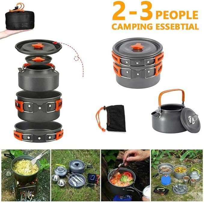 Aluminum Kitchen Set Camping Pot Kit Kettle Travel Mountaineering Picnic BBQ Cutlery Equipment (Color : A, Size
