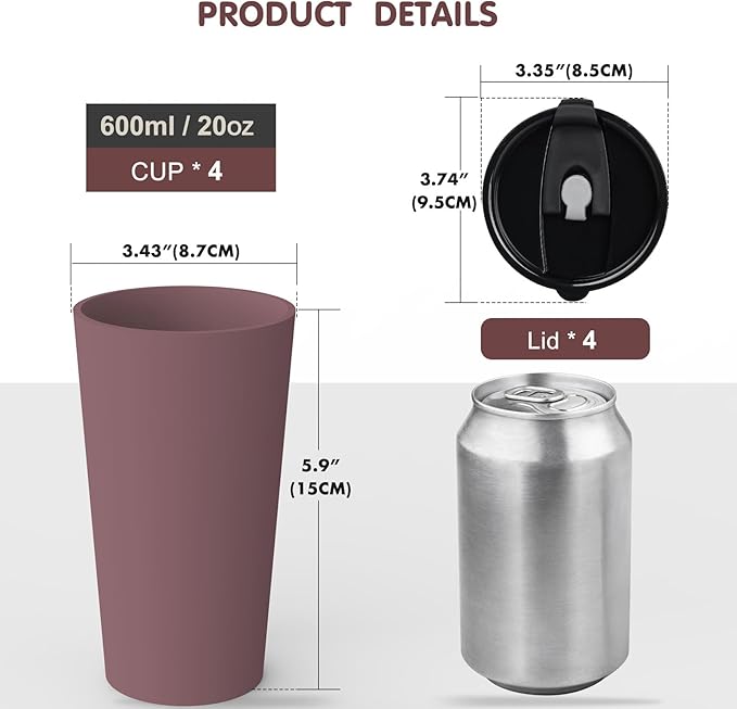 4 Pack Plastic Travel Coffee Mug Set, 20 oz Spill Proof Drinking Cups with Lids, Pobtable to Go Camping Coffee Tumbler Reusable Coffee Mugs with Lids, Dishwasher & Microwave Safe