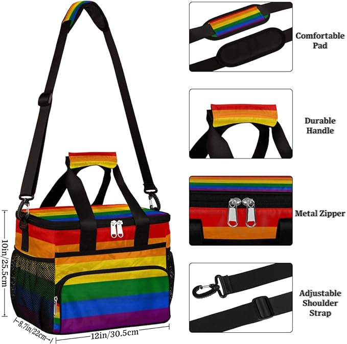 Insulated Lunch Bag Rainbow LGBTQ Pride Adult Large Reusable Lunch Box Leakproof Cooler Tote Bag Lunchbox Freezable Lunch Bag with Adjustable Strap for Women Men Picnic Work Beach