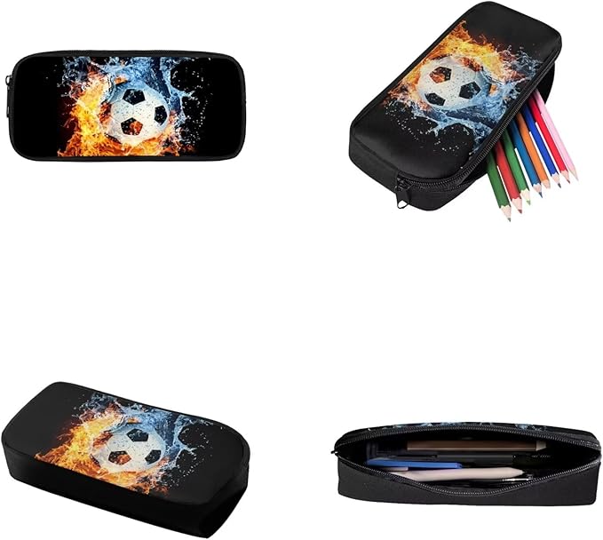 3 Pcs Water and Fire Football Printing Bag Sets Matching Portable Lunch Bag and Large Capacity Pencil Case for Kids Activities Outdoor Festival Gift