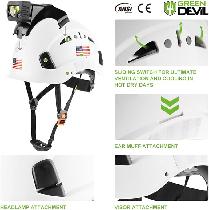 GREEN DEVIL Safety Hard Hat with Rechargeable Headlamp Light and Helmet Liner Chin Strap Men Vented Work Hardhats ANSI Z89.1 Approved Cascos de Construccion Ideal for Industrial Construction Forestry