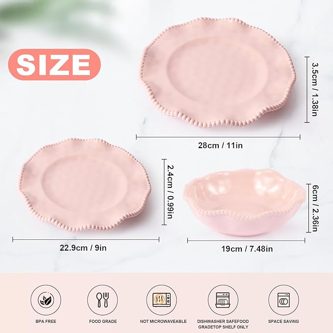 ADSURMELA 6-Piece Pink Melamine Dinnerware Set, Service for 2, Beaded Edge Scalloped Plates with Silver Glitter, Heavy Duty Shatterproof Unbreakable, Elegant for Bridal Shower Wedding Party Outdoor