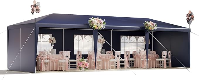 EROMMY Outdoor Party Tent 10x30 FT, Waterproof PE Canopy with 6 Removable Sidewalls and 2 Zipper Doors for Weddings, Events, Backyard Parties, Blue