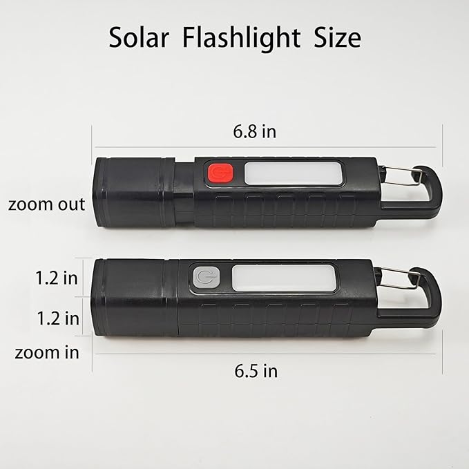 2 Pack Solar Flashlight, Rechargeable Zoomable LED Flashlight, High Lumens Solar Powered Flashlights with Tail Hook Rechargeable Handheld Flashlights for Home Emergency Camping Hiking