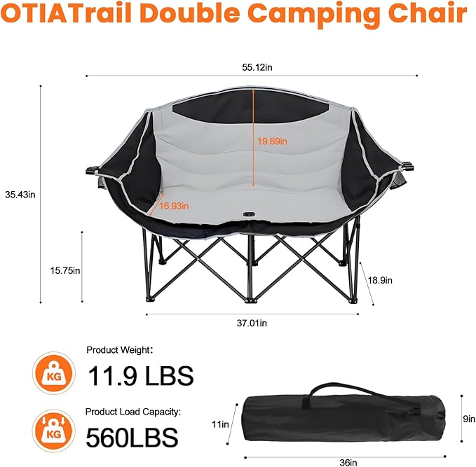 Double Camping Chair Loveseat with Cup Holders, 2 Person Folding Outdoor Chair, 550lbs Heavy Duty, 600D Oxford Fabric Padded Seat, Portable Camping Couch for Camping and Sports Event