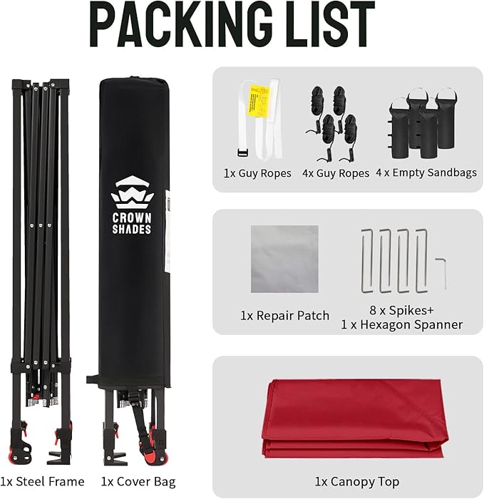 CROWN SHADES 8x8 Pop Up Canopy - Patented Center Lock One Push Instant Outdoor Canopy Beach Tent with STO-N-Go Bag 8 Stakes & 4 Sand Bags,Red