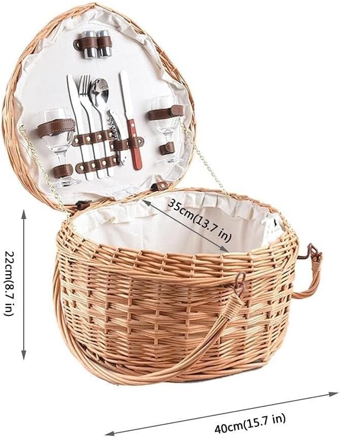 Heart-Shaped Wicker Picnic Basket for 2 with Lid & Foldable Handles, Includes Ceramic Tableware Set, 40x35x22cm, Ideal for Romantic Picnics, Camping, and Outdoor Parties