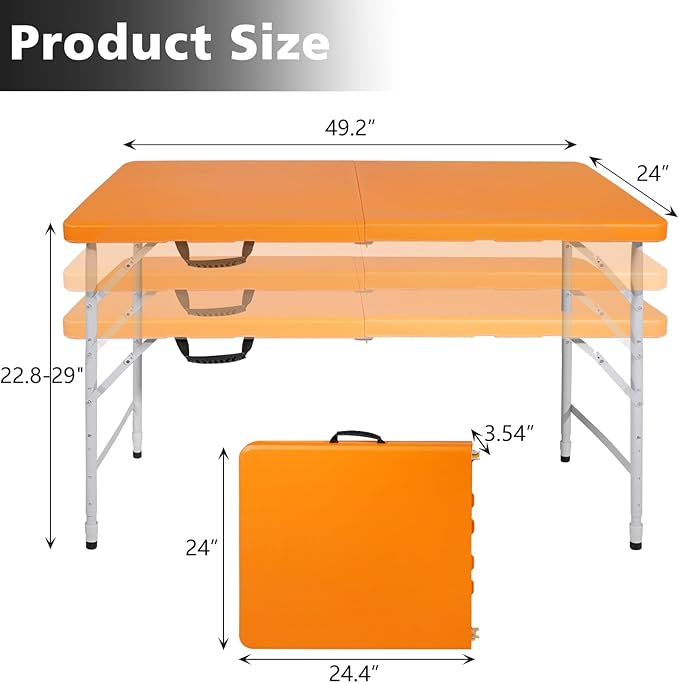 Portable 4Ft Folding Table, Heavy Duty Plastic Fold-in-Half Utility Foldable Table Small, Adjustable Height Plastic Folding Table with Carrying Handle for Camping &Party Indoor/Outdoor(Orange)