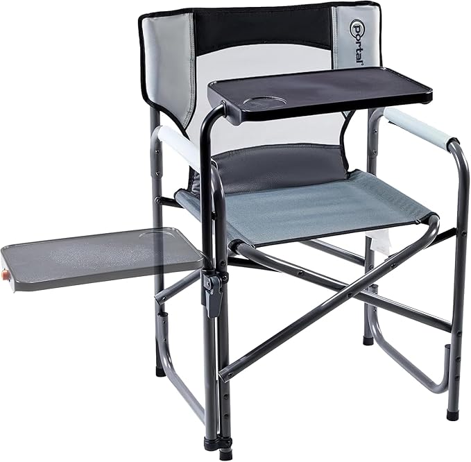 Portal Folding Director Chair with 2-Way Rotating Side Table, Heavy Duty 300 lb Camping Chair with Swivel Tray & Cup Holder, Ergonomic Mesh Back Portable Outdoor Seat for RV, Tailgating & Lawn, Grey