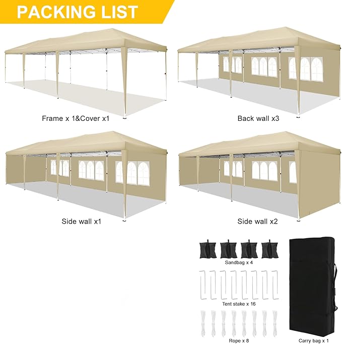 COBIZI 10x30 Pop Up Canopy Tent with 5 Sidewalls, Waterproof Party Tent for Wedding Backyard Events, Commercial Outdoor Shelter with Sandbags, Khaki