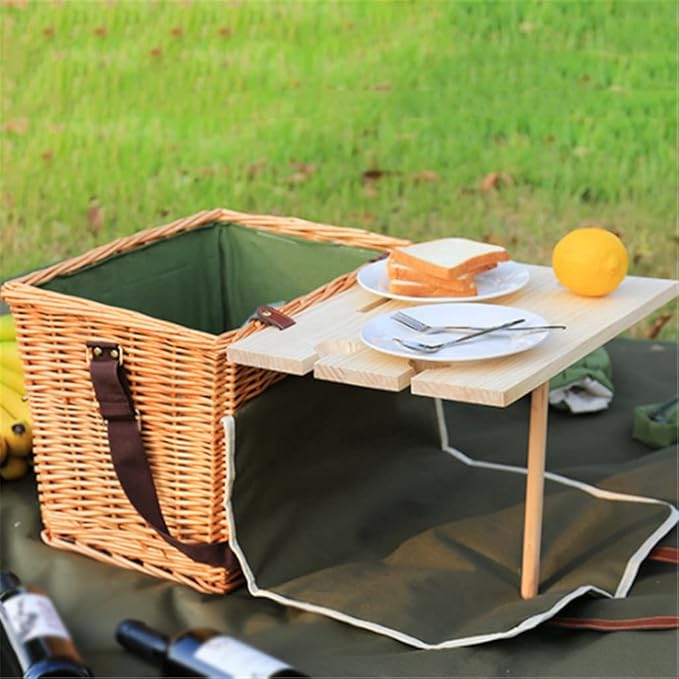 Portable Rattan Picnic Basket Set with Shoulder Strap - Insulated Outdoor Picnic Box with Cover & 4-Piece Tableware for Camping and Outdoor Activities