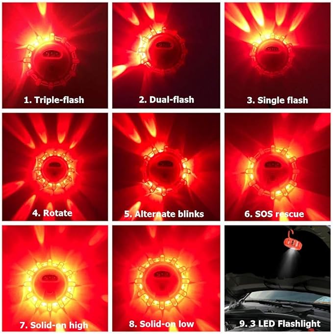 USB Rechargeable LED Road Flares Emergency Lights-Roadside Warning Car Safety Beacon Flashing Disc Flare Kit with Magnetic Base for Vehicles & Boat | 12 Beacon Disc Pack