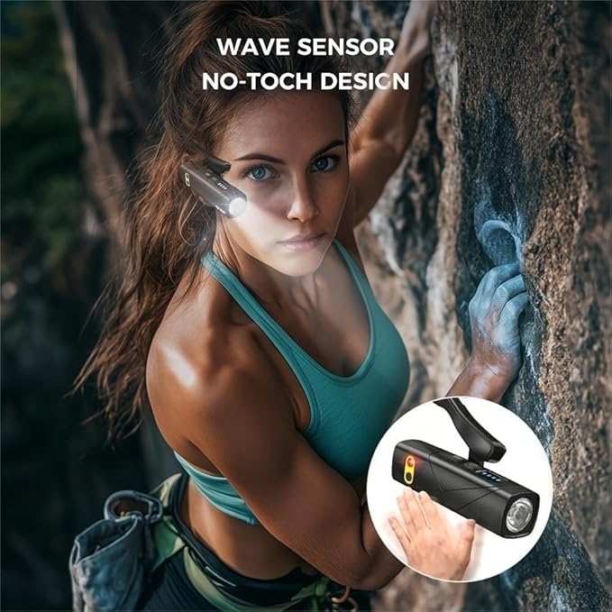 LED Rechargeable Ear-Worn Headlamp with Motion-Sensing Adjustable Main Light, 5 Modes of White and Red Lights, Lightweight and Ideal for Work, Camping, Hiking, and Running