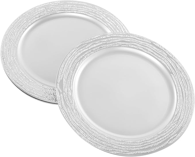 100 PCS Antique Charger Plates Bulk, 13'' Plastic Embossed Dinner Plate Chargers Round Floral Plates for Wedding Decorative Chargers for Table Dinner Kitchen Party Decoration (Silver)
