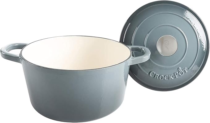 Crock Pot Artisan 5-Quart Round Enameled Cast Iron Dutch Oven – Slate Gray, Heavy-Duty Cookware for Slow Cooking, Roasting, Baking with Lid