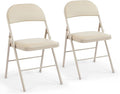 DUMOS 2 Pack Leather Padded Folding Chair, Indoor Outdoor Portable Stackable Commercial Seat with Steel Frame, Capacity for Home, Office, Party, Comfy, Kahki