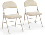 DUMOS 2 Pack Leather Padded Folding Chair, Indoor Outdoor Portable Stackable Commercial Seat with Steel Frame, Capacity for Home, Office, Party, Comfy, Kahki