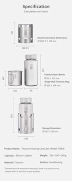 Keith Titanium Ti3070 Nesting Camp Set - Ultralight Plastic-Free Titanium Bottle, Mug & Wood Stove with Canvas Carry Bag - Durable, Portable, and Eco-Friendly for Camping, Hiking & Outdoor Adventures