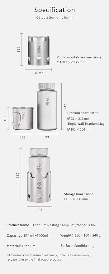 Keith Titanium Ti3070 Nesting Camp Set - Ultralight Plastic-Free Titanium Bottle, Mug & Wood Stove with Canvas Carry Bag - Durable, Portable, and Eco-Friendly for Camping, Hiking & Outdoor Adventures