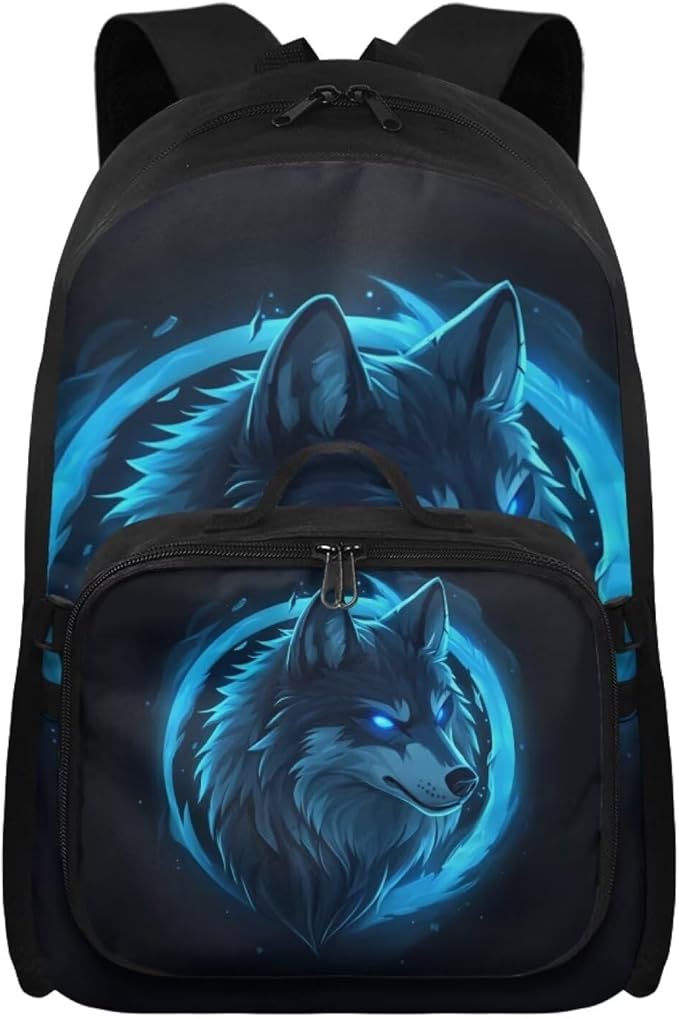 Wolf Backpack for Men Large Capacity School Bag for Teen Boys Polyester Bookbag with Detachable Lunch Box for Travel Outdoor Knapsack Book Bag