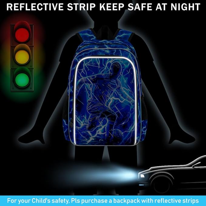 3Pcs Soccer Backpack for Boy, 17" Lightning Bookbag for Elementary Preschool Kindergarten, Kids School Thunder Backpacks with Lunch Box (Blue)