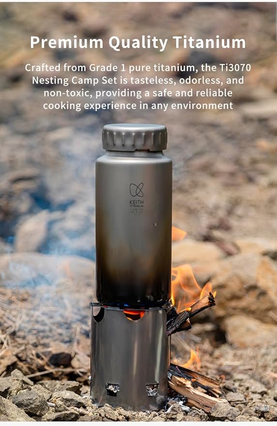 Keith Titanium Ti3070 Nesting Camp Set - Ultralight Plastic-Free Titanium Bottle, Mug & Wood Stove with Canvas Carry Bag - Durable, Portable, and Eco-Friendly for Camping, Hiking & Outdoor Adventures