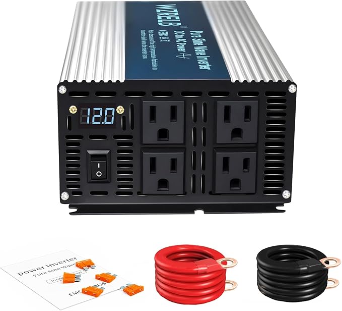WZRELB 2000W Pure Sine Wave Inverter 12V DC to 110V 120V AC Power Converter with LED Display, Off-Grid Portable Power Inverter with 4 AC Outlets for Home, RV, Truck, Camping