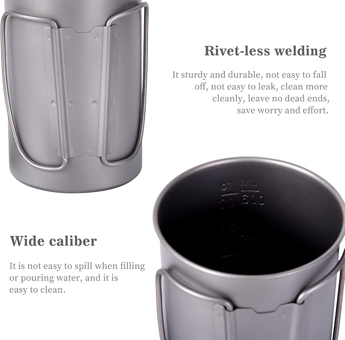 iBasingo Titanium Mug 600ml Camping Cup Outdoor Single Layer Wide Mouth Cookware Lightweight Portable Drinkware Hiking Picnic Solo Cooking Kit Ti3049D