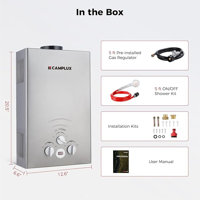 CAMPLUX Portable Tankless Water Heater, 2.11GPM, 55,000 BTU Propane, BW211G, Grey