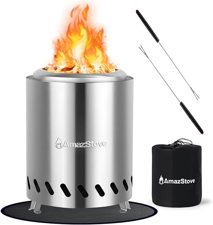 Tabletop Fire Pit by AmazStove, Low Smoke Camping Stove for Outdoor Safe Burning Firepits, Mini Fire Pit, Fueled Pellets or Wood, Travel Bag Included (8.0 x 5.8 INCH-Silver)