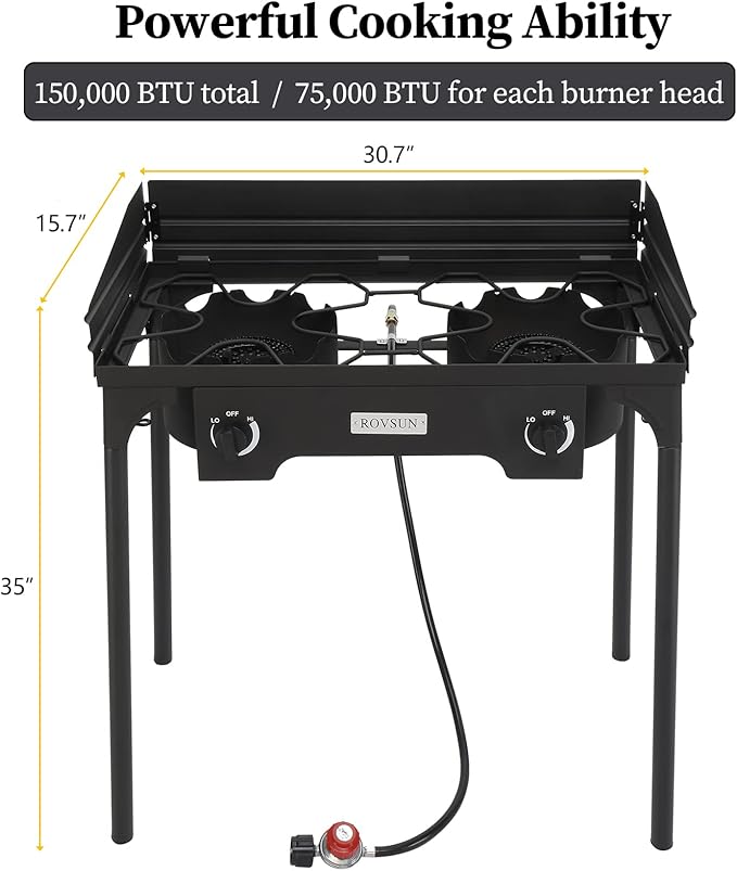Bonnlo 2-Burner Outdoor Portable Propane Burner Stove 150,000-BTU Gas Cooker with Windscreen & Carrying Bag, Heavy Duty Iron Cast Patio Burner with Detachable Stand Legs for Camp Cooking