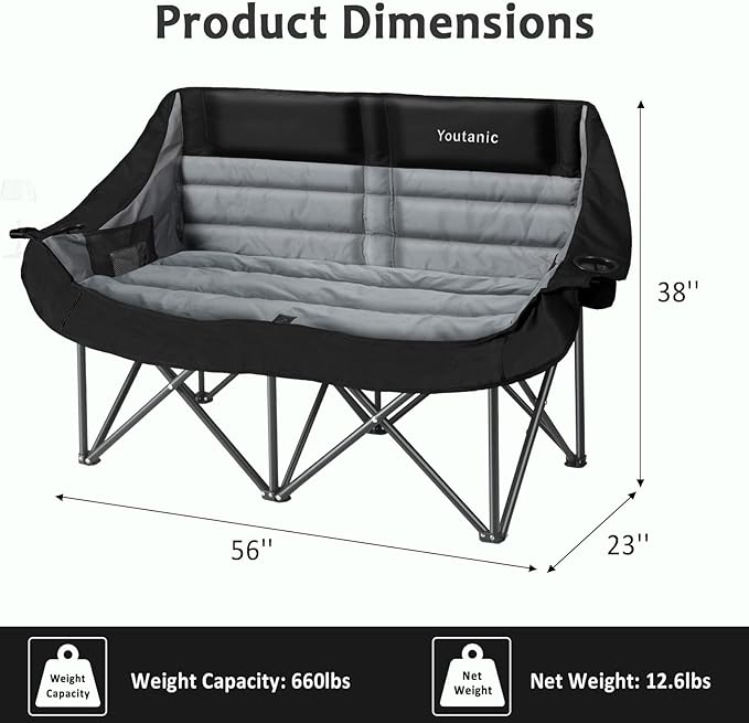 Oversized Double Camping Chair, Folding Loveseat Camping Couch with Pocket, Cup Holder and Carry Bag, Heavy Duty Portable Camping Chairs for Adults, Fishing, Sports, Trip, up to 660lbs, Black