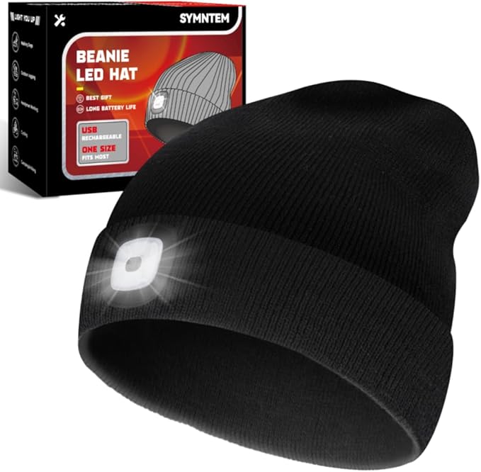 Unisex Beanie Hat with Light, Rechargeable Headlamps Cap, Gifts for Men, Hiking, Camping headlamps, Cool Gadget Birthday Gifts for Men, Women, Dad, Father, Boyfriend, Black