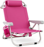 GYMAX Beach Chair, 330lbs Backpack Lounger with 5-Position Backrest, Storage Bag, Side Pocket, Towel Bar & Headrest, Foldable Low Beach Lounge, Portable Aluminum Lay Out Camp Chair (1, Pink)