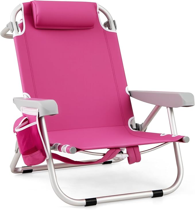 GYMAX Beach Chair, 330lbs Backpack Lounger with 5-Position Backrest, Storage Bag, Side Pocket, Towel Bar & Headrest, Foldable Low Beach Lounge, Portable Aluminum Lay Out Camp Chair (1, Pink)