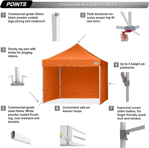 ABCCANOPY Easy Pop Up Canopy Tent with Sidewalls 10x10 Commercial -Series, Orange