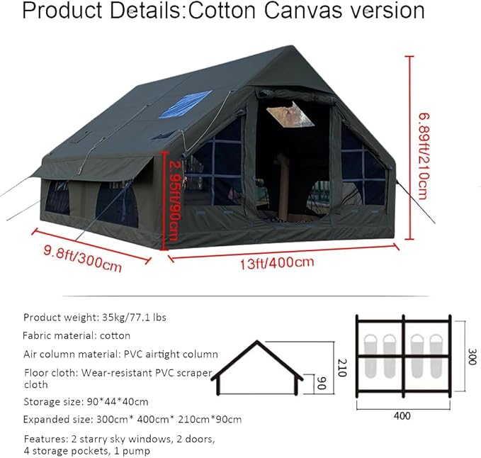 Large Luxury Inflatable Camping Tent Cotton Canvas Tent, Breathable and Waterproof Air Tent with Skylight and Stove Jack Hole for for 4-6-8-10 Person Family Camping