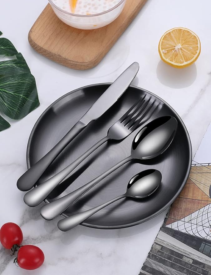 Travel Portable Black Silverware Set With Case Stainless Steel Camping Flatware Set 10 Piece Modern Cutlery Tableware Utensils Set for Picnic and Other Outdoor Activities Mirror Polished