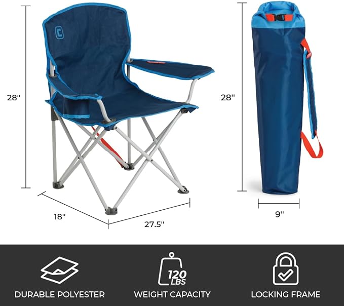 CORE Youth Quad Chair | Folding Chair with Cupholder for Indoor Home or Outdoor Camping | Perfect for Concert Seat, Sports, Beach, Travel & Picnic (Blue)