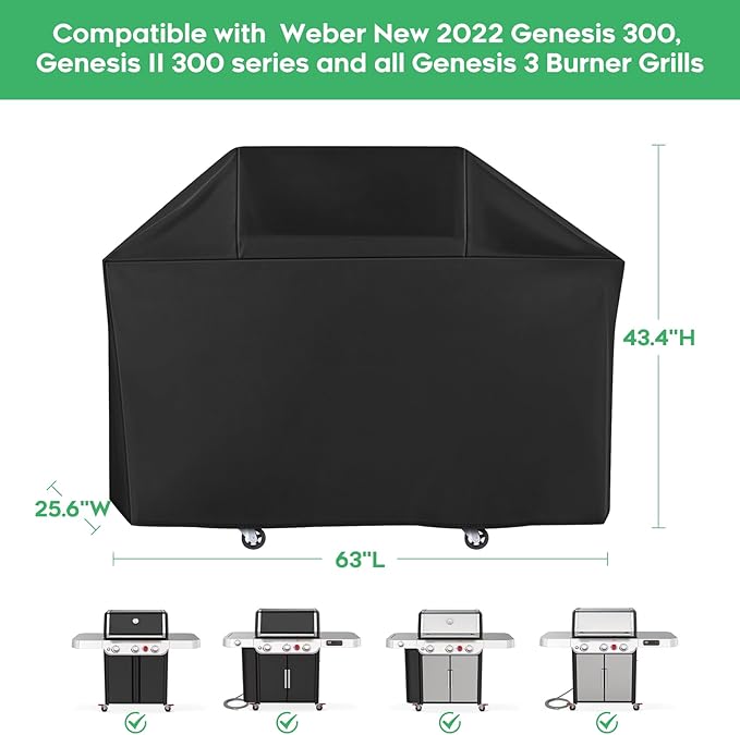 63 Inch Grill Cover fit for Weber Genesis and Genesis II 300 Series with 3 Main Burners, Heavy-Duty 600D Waterproof Fade Resistant Grill Cover, Compared to Weber 7757
