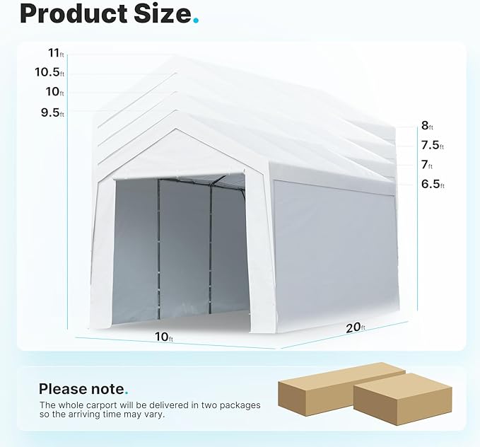 ADVANCE OUTDOOR 10x20 ft Heavy Duty Carport Garage Shelter, Adjustable Height (6.5-11ft) Waterproof Canopy with Removable Sidewalls for Cars, RV, Boat, Truck, Party - White