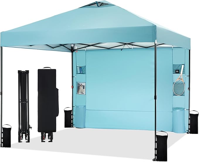 10'x10' Pop Up Canopy Tent with 1 Sidewall and 6 Pockets, One Push Setup, Instant Shade Tent with Vented Roof for Beach Patio Outdoor, Case, 8 Stakes, 4 Ropes, 4 Sandbags (Cyan, 10x10)
