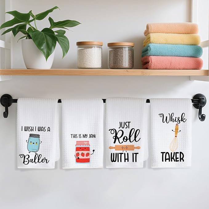 4Pcs Funny Kitchen Towels 24x14 Inch, Cute Kitchen Utensils Waffle Weave Hand Towels for Home Farmhouse, White Absorbent Microfiber Dish Cloth Tea Towel, Housewarming Gifts for Women Mom 1