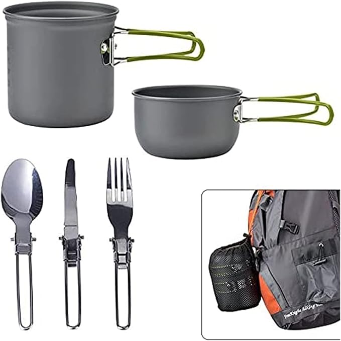 Outdoor Picnic Tableware Set, Portable Hard Aluminium Cooking Utensils for Camping, Hiking, Mountaineering, Picnic and Other Outdoor Activities, Easy to Clean with Cleaning Tools
