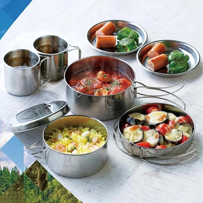 8PCS/Set Camping Cookware Kit Outdoor Aluminum Cooking Set Water Kettle Travelling Picnic BBQ Tableware Portable Bowls