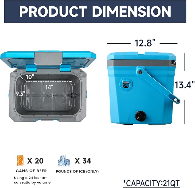 EchoSmile Insulated Portable Cooler 20L/21qt, Outdoor Hard Cooler Ice Chest Box for Camping, Drink, Beach, Fishing and Boating