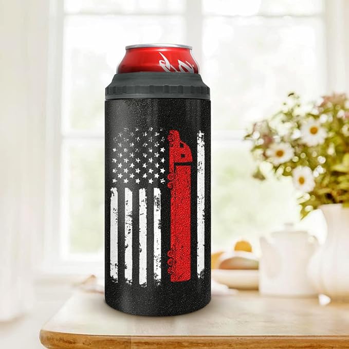 winorax Truck Driver Gifts Trucker Tumbler 4-in-1 Can Cooler American Flag Design 12oz Stainless Steel Insulated Tumblers Coffee Travel Mug Cup With Lid For Dad Truck Lovers Drivers Truckers Driver
